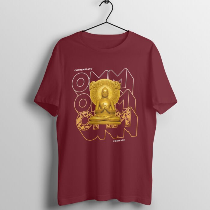 Golden Buddha Print T Shirt Maroon